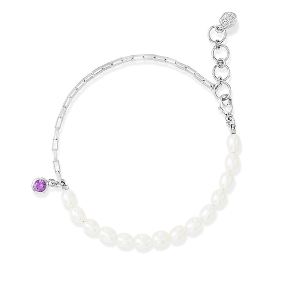 LUB46-S-AME-Dower-and-Hall-Sterling-Silver-Luna-White-Pearl-Chain-and-Amethyst-Drop-Bracelet