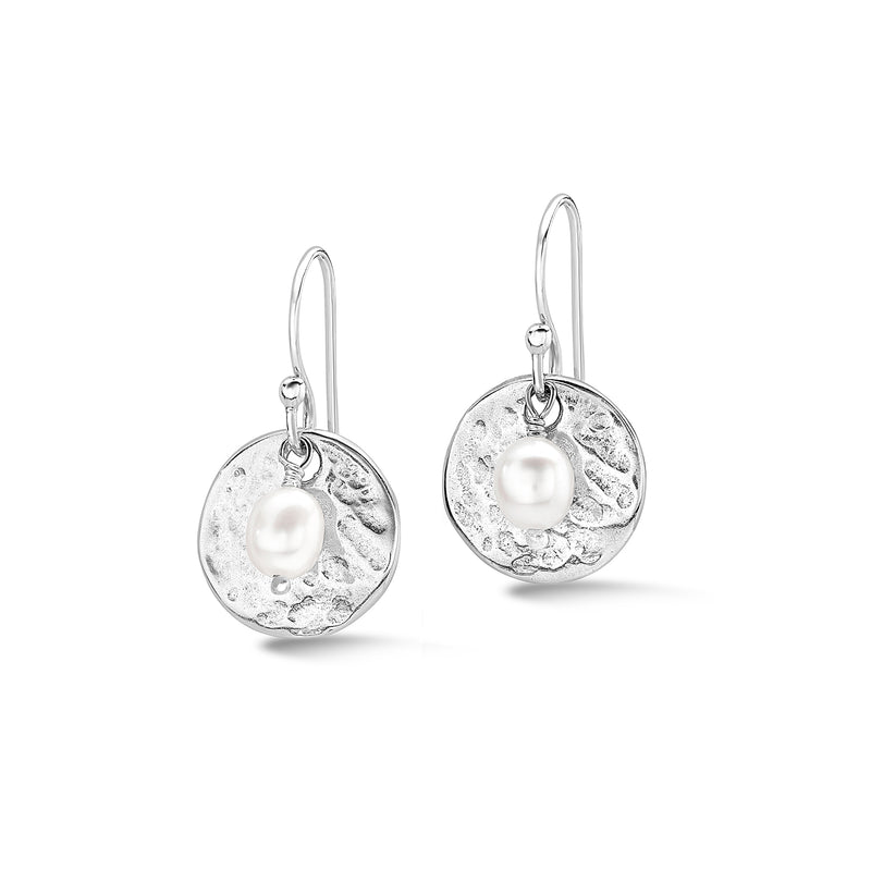     PLE225-S-WP-Dower-and-Hall-Sterling-Silver-Hammered-Disc-and-White-Freshwater-Pearl-Nomad-Earrings