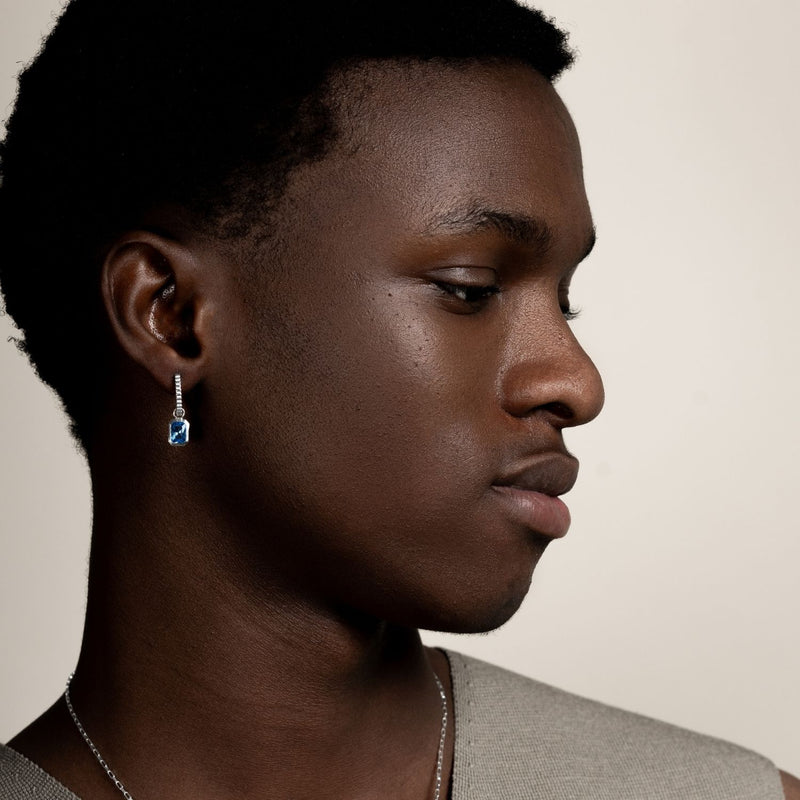 Men's Single Hoop With Blue Topaz Drop Earring