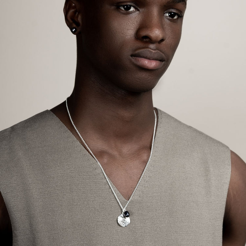 Men's Hammered Disc & Peacock Freshwater Pearl Pendant