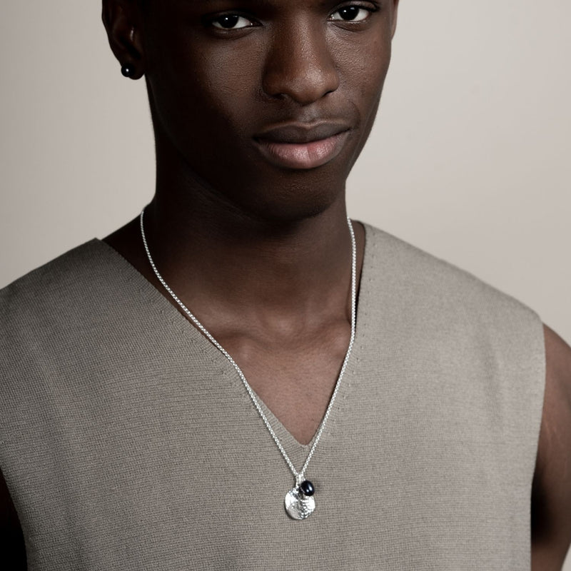 Men's Hammered Disc & Peacock Freshwater Pearl Pendant