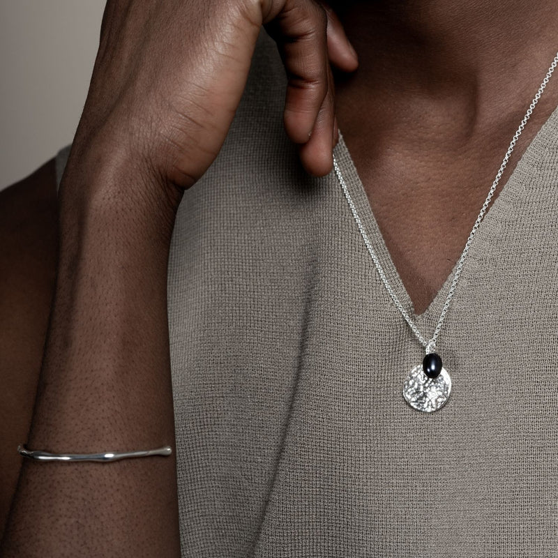 Men's Hammered Disc & Peacock Freshwater Pearl Pendant