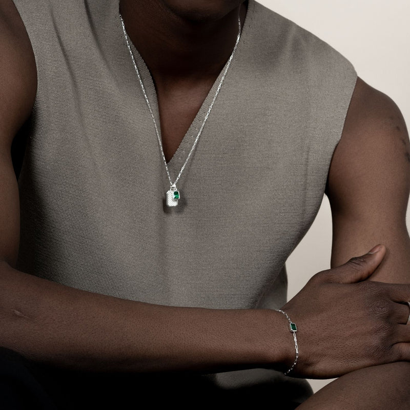 Men's Green Garnet Octagon Humbug Paperclip Bracelet