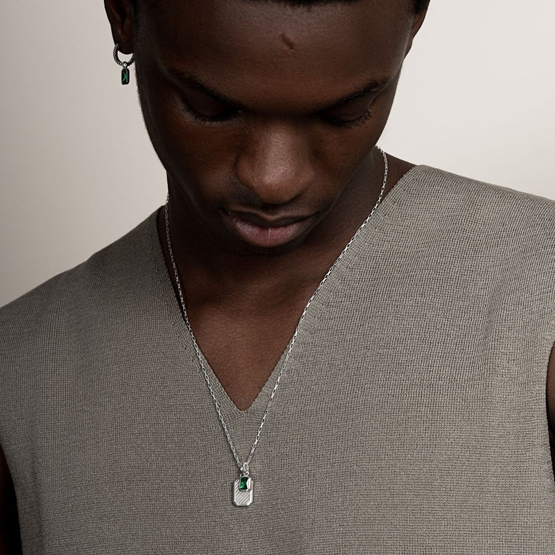 Men's Single Hoop With Green Garnet Drop Earring