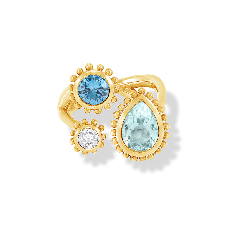 14k Gold Anemone Trio Ring with Blue Topaz