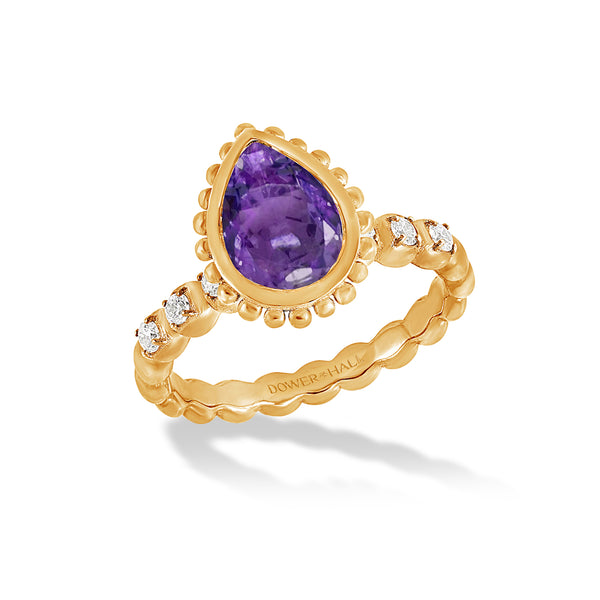 14k Gold Anemone Teardrop Ring with Amethyst
