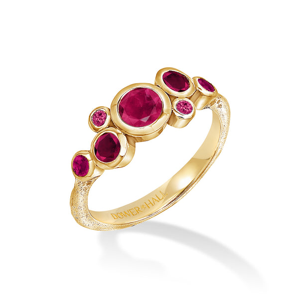 18k Gold Cascade Cluster Ring with Rubies