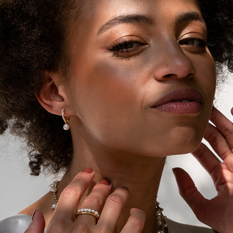 9k Diamond Story Hoops + Round Pearl Drops