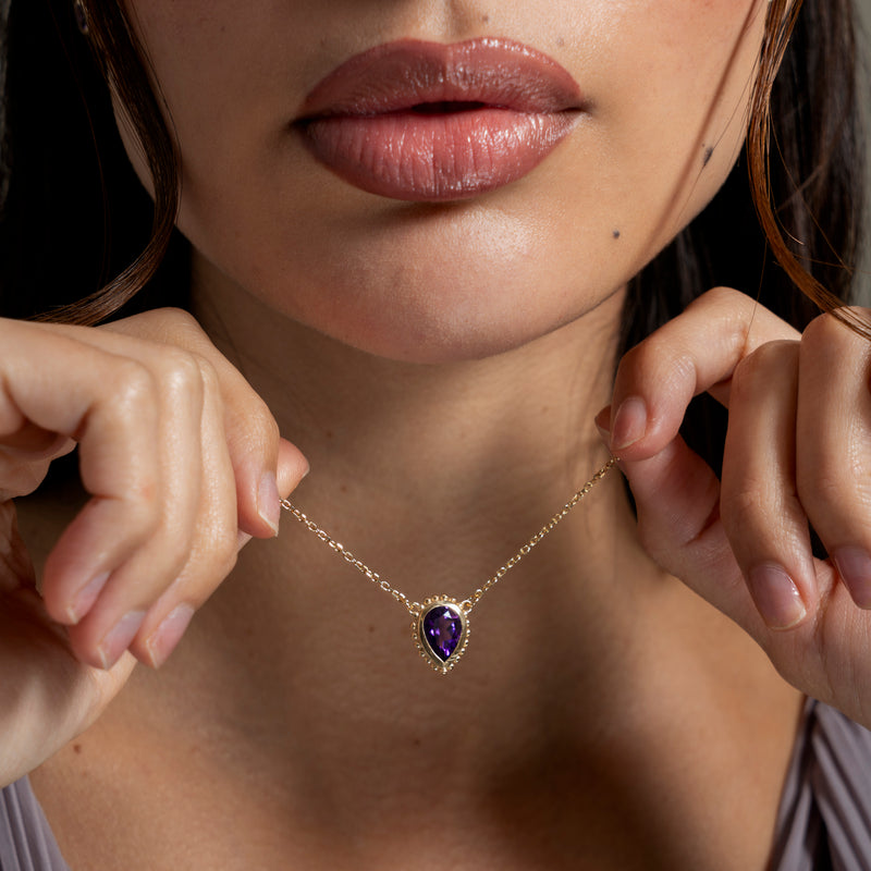 14k Gold Anemone Large Teardrop Pendant with Amethyst