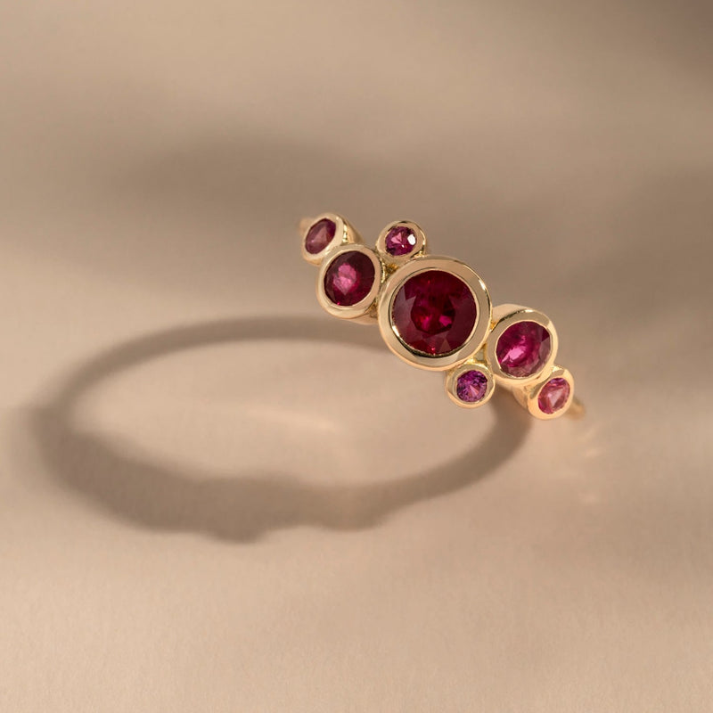 18k Gold Cascade Cluster Ring with Rubies