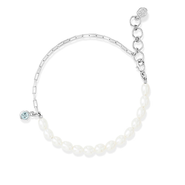     LUB46-S-AQUA-Dower-and-Hall-Sterling-Silver-Luna-White-Pearl-Chain-and-Aquamarine-Drop-Bracelet