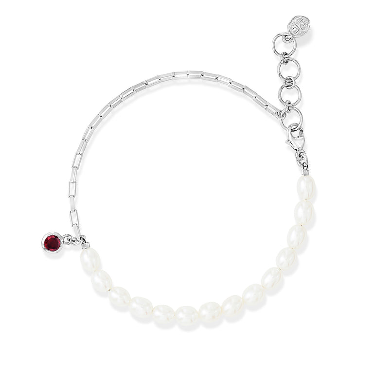 LUB46-S-GAR-Dower-and-Hall-Sterling-Silver-Luna-White-Pearl-Chain-and-Garnet-Drop-Bracelet