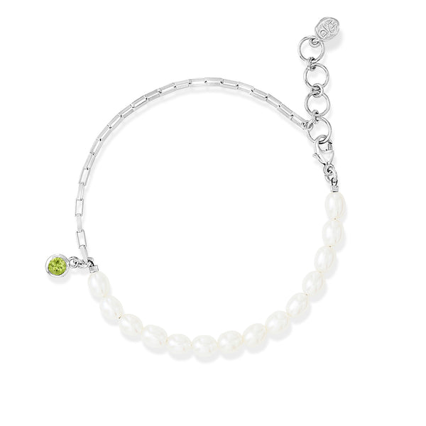 LUB46-S-PERI-Dower-and-Hall-Sterling-Silver-Luna-White-Pearl-Chain-and-Peridot-Drop-Bracelet