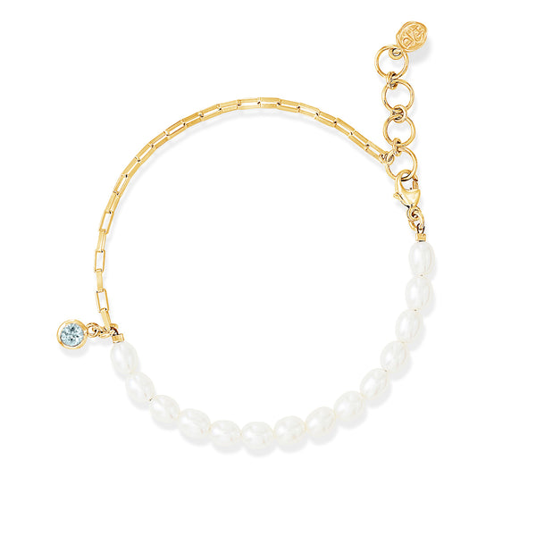     LUB46-V-AQUA-Dower-and-Hall-Yellow-Gold-Vermeil-Luna-White-Pearl-Chain-and-Aquamarine-Drop-Bracelet