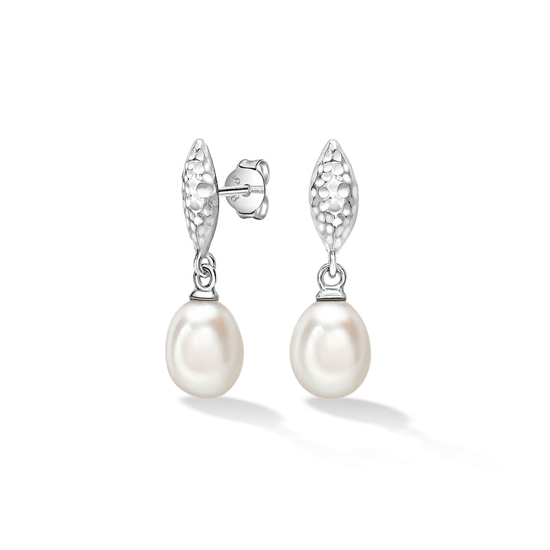 LUE42-S-WP-Dower-and-Hall-Sterling-Silver-Hammered-Marquise-and-White-Freshwater-Pearl-Drop-Earrings