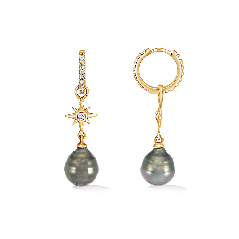     NSDE12-9Y-DIA-TP-Dower-and-Hall-9k-Yellow-Gold-and-Diamond-North-Star-Hoops-with-Tahitian-Pearls