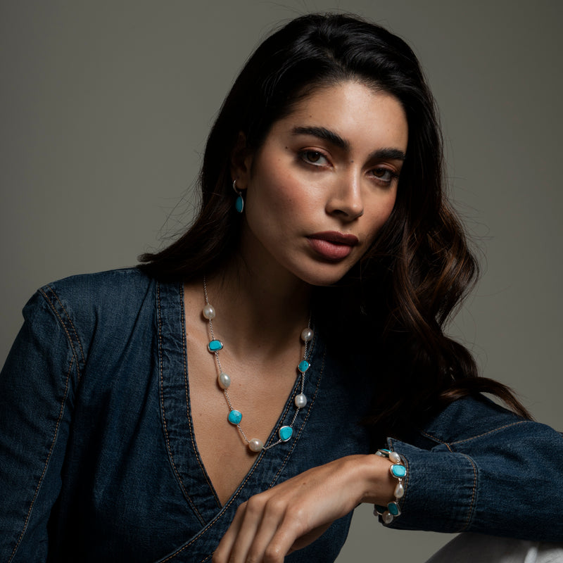 Turquoise & Baroque Pearl Pebble Necklace in Silver or Gold Vermeil
