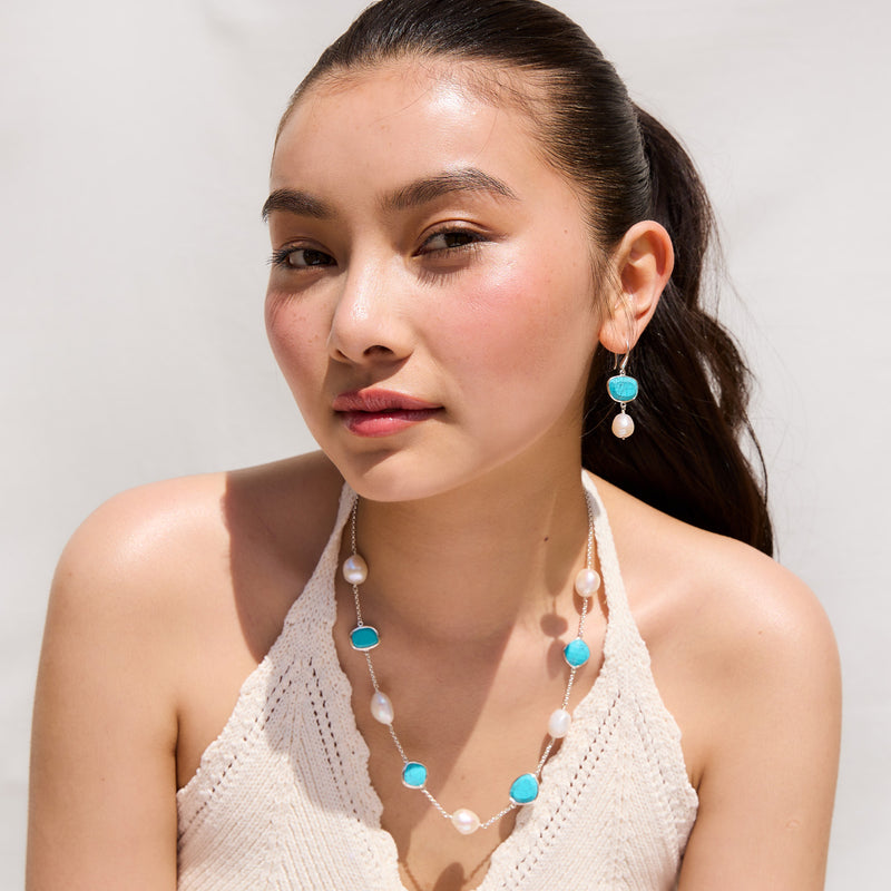 Turquoise & Baroque Pearl Pebble Necklace in Silver or Gold Vermeil