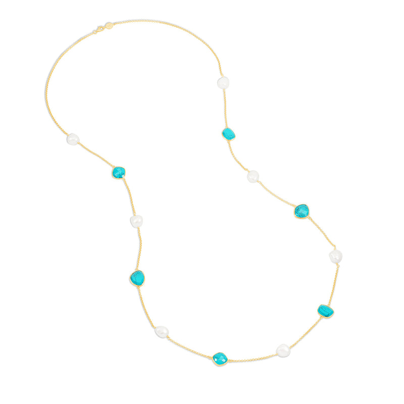       PEBN16-V-TURQ-Dower-and-Hall-Yellow-Gold-Vermeil-Long-Turquoise-Gemstone-and-Baroque-Pearl-Necklace