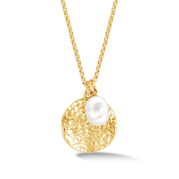 PLP225-V-WP-Dower-and-Hall-Yellow-Gold-Vermeil-Hammered-Disc-and-White-Freshwater-Pearl-Nomad-Pendant