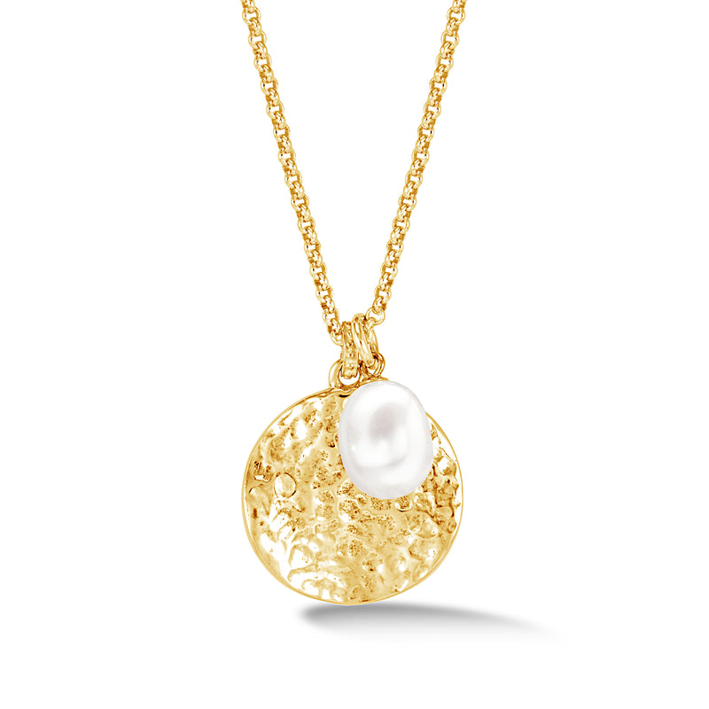 PLP225-V-WP-Dower-and-Hall-Yellow-Gold-Vermeil-Hammered-Disc-and-White-Freshwater-Pearl-Nomad-Pendant