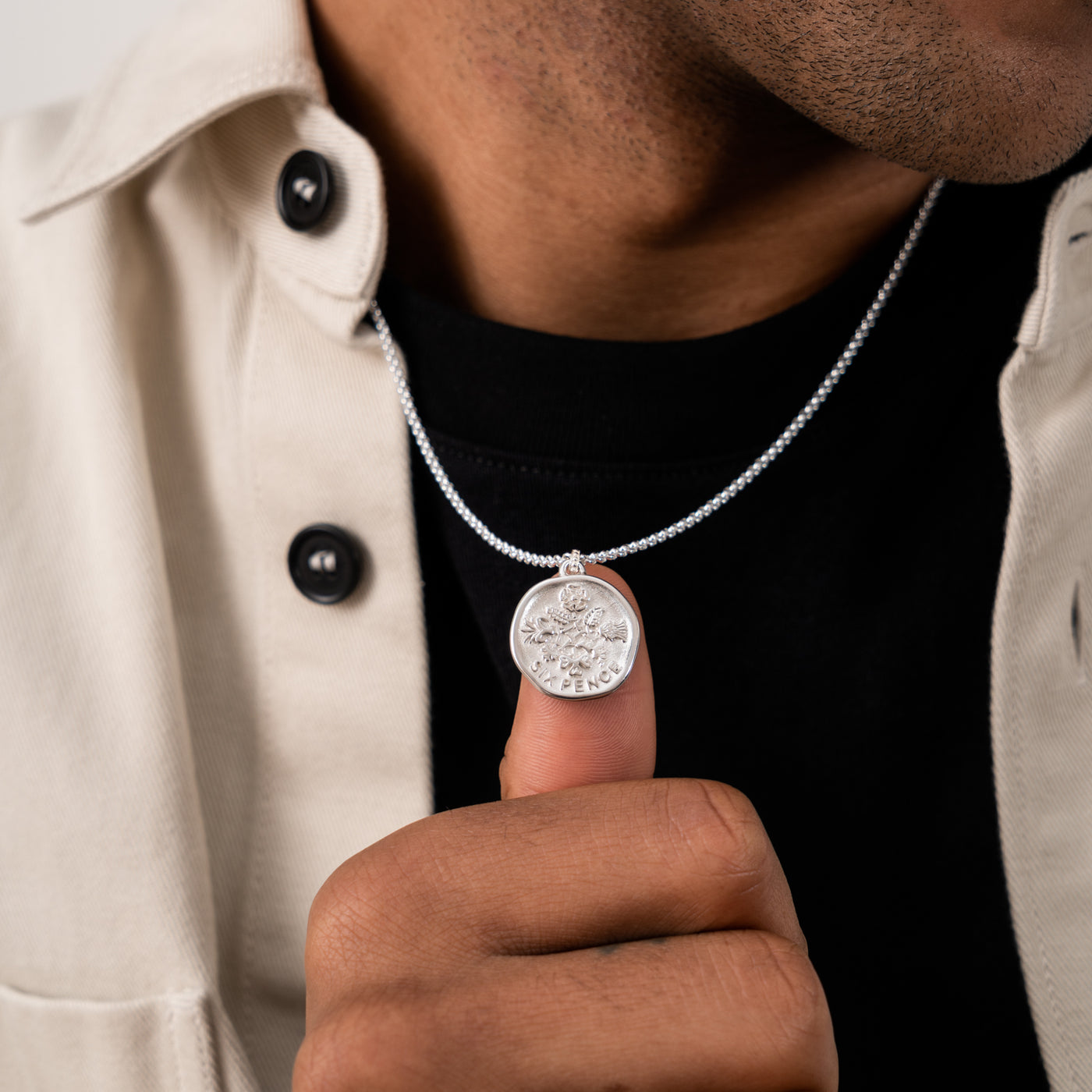 Men's Lucky Sixpence Talisman Necklace in Silver or Gold Vermeil