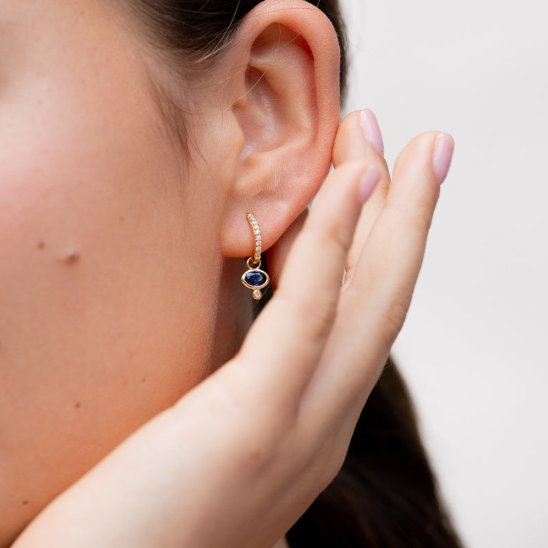 9k Diamond Stargazer Hoops with Blue Sapphire Oval Drops