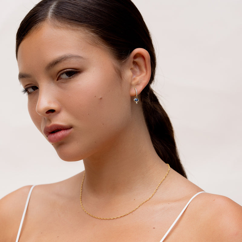 9k Diamond Stargazer Hoops with Blue Sapphire Oval Drops