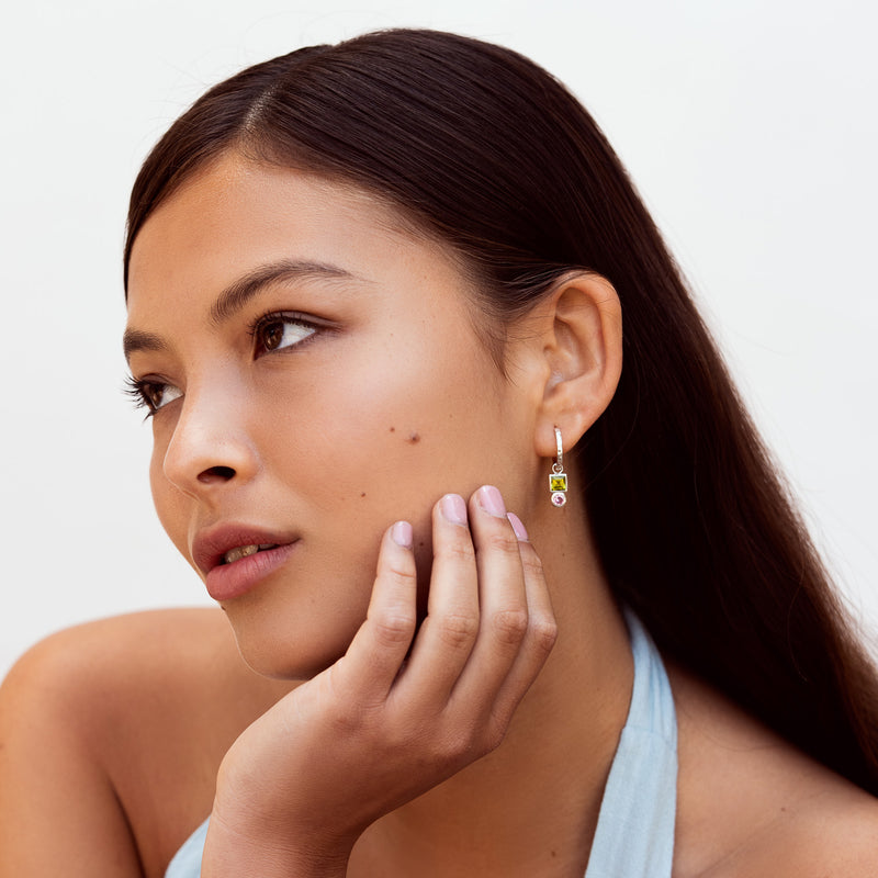Square Peridot Hammered Huggie Hoops