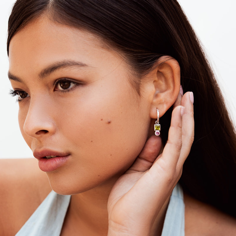 Square Peridot Hammered Huggie Hoops