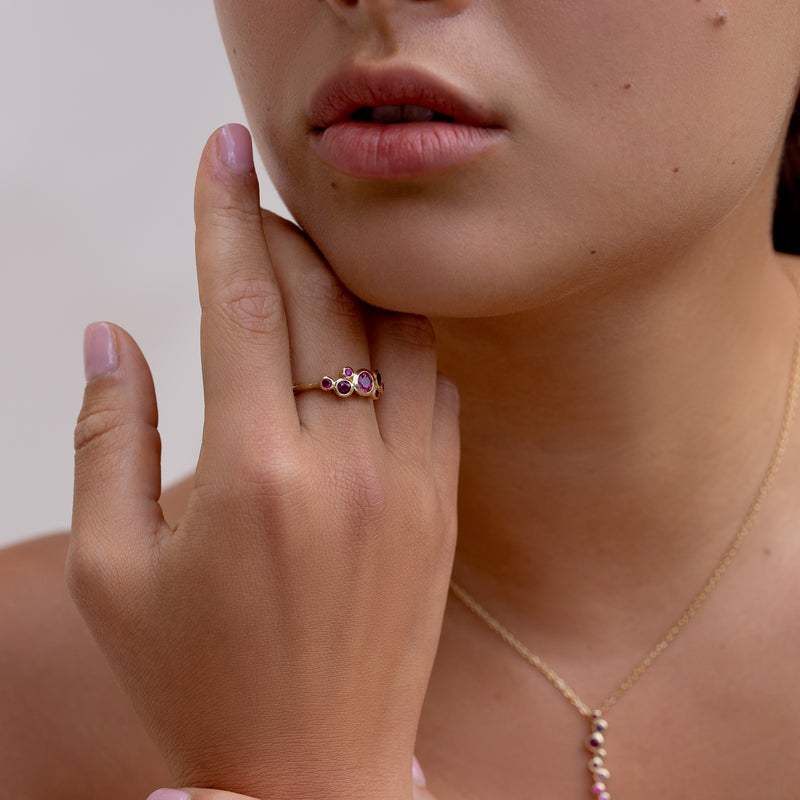 18k Gold Cascade Cluster Ring with Rubies