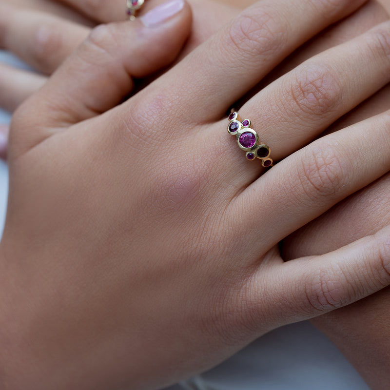 18k Gold Cascade Cluster Ring with Rubies