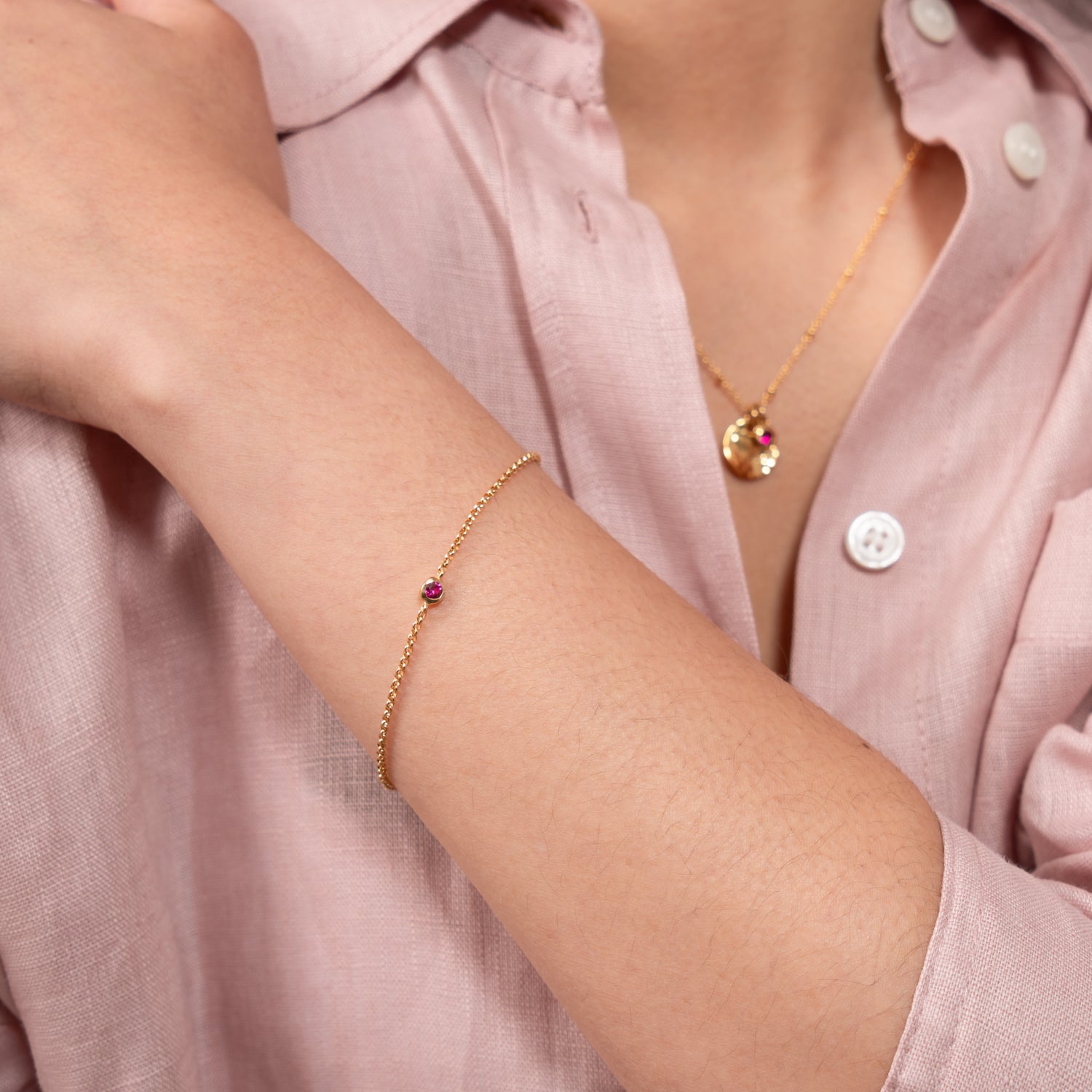 Single Ruby Dewdrop Chain Bracelet in Sterling Silver or Gold Vermeil