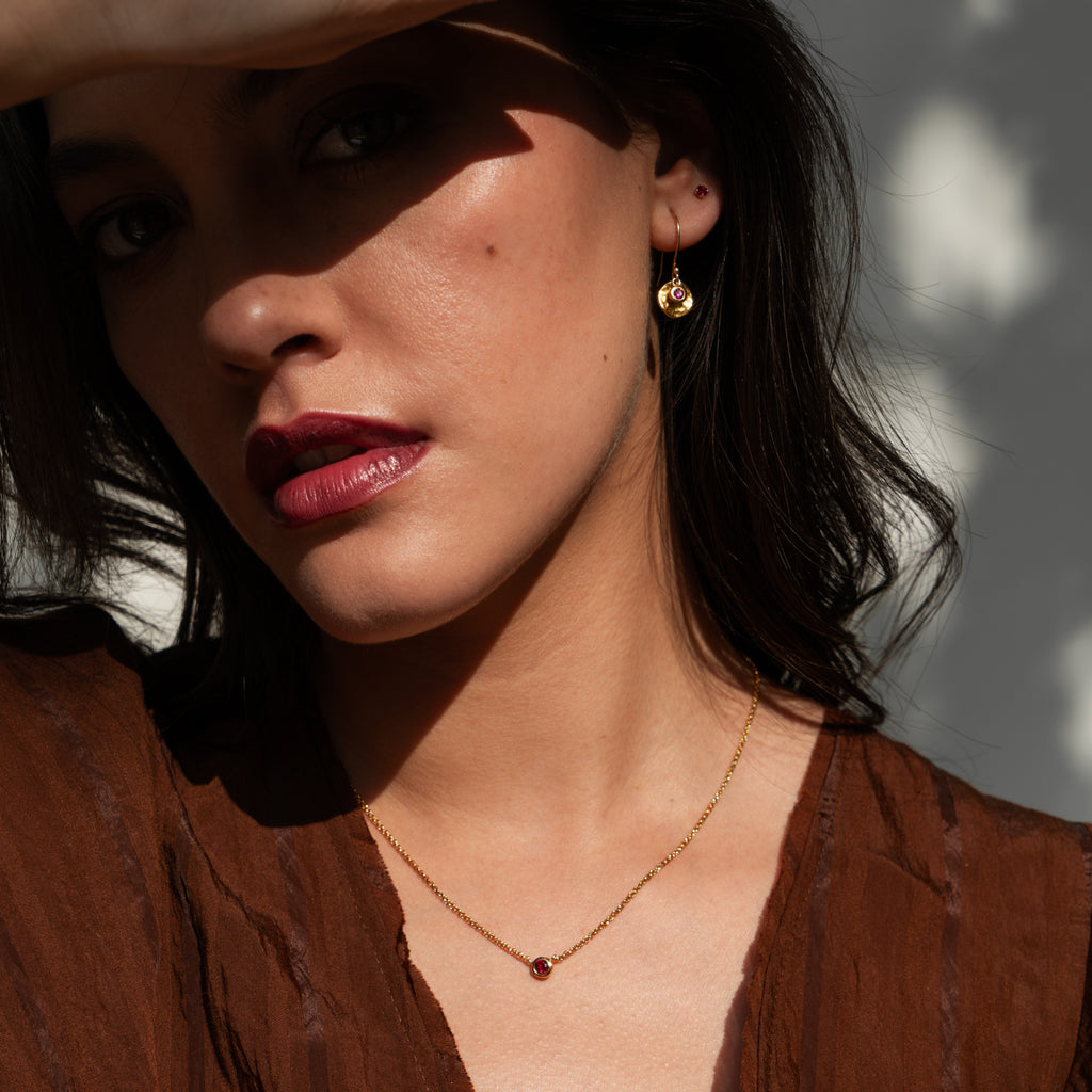 Ruby Disk Earring Hammered Disc & Ruby Array Earrings