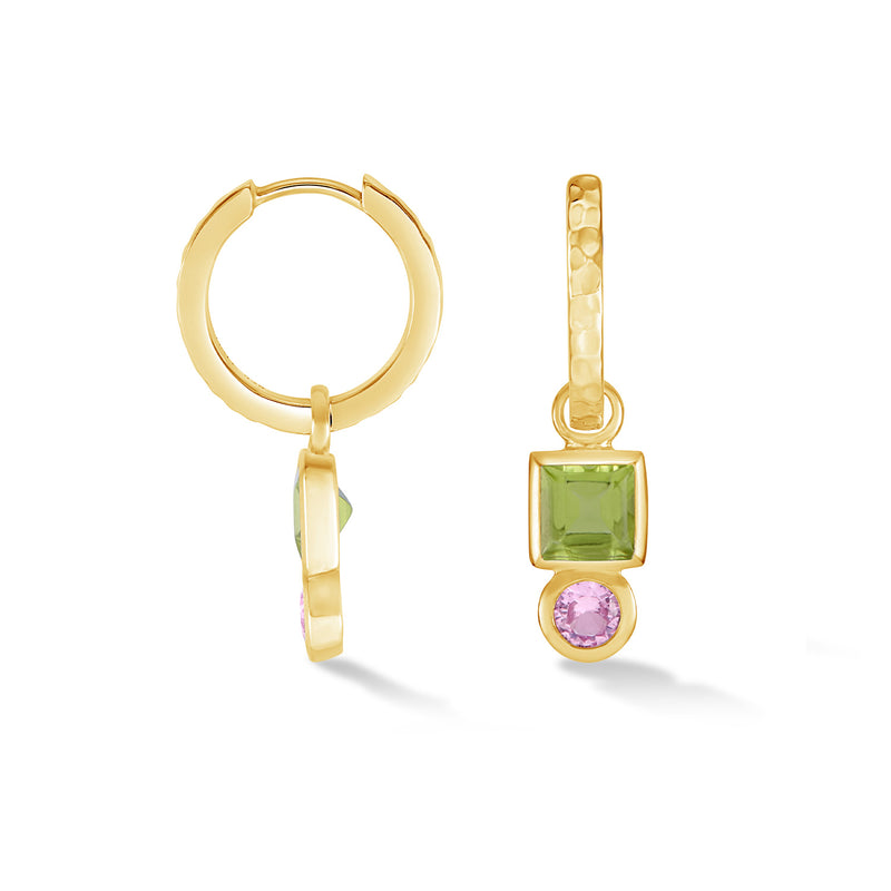 Square Peridot Hammered Huggie Hoops