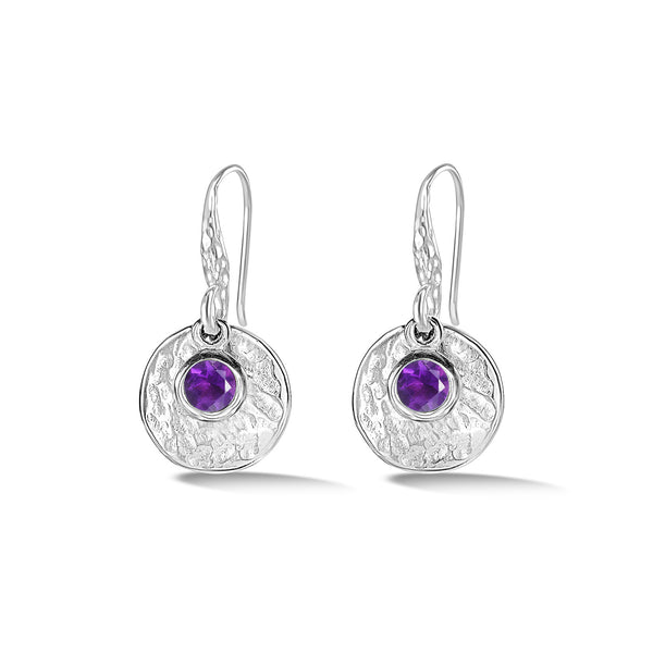     TWE42-S-AME-Dower-and-Hall-Sterling-Silver-Hammered-Disc-and-Amethyst-Array-Drop-Earrings