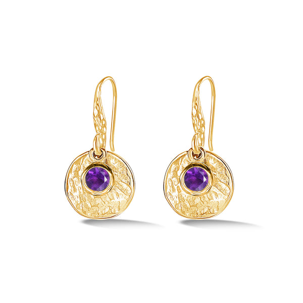 TWE42-V-AME-Dower-and-Hall-Yellow-Gold-Vermeil-Hammered-Disc-and-Amethyst-Array-Drop-Earrings