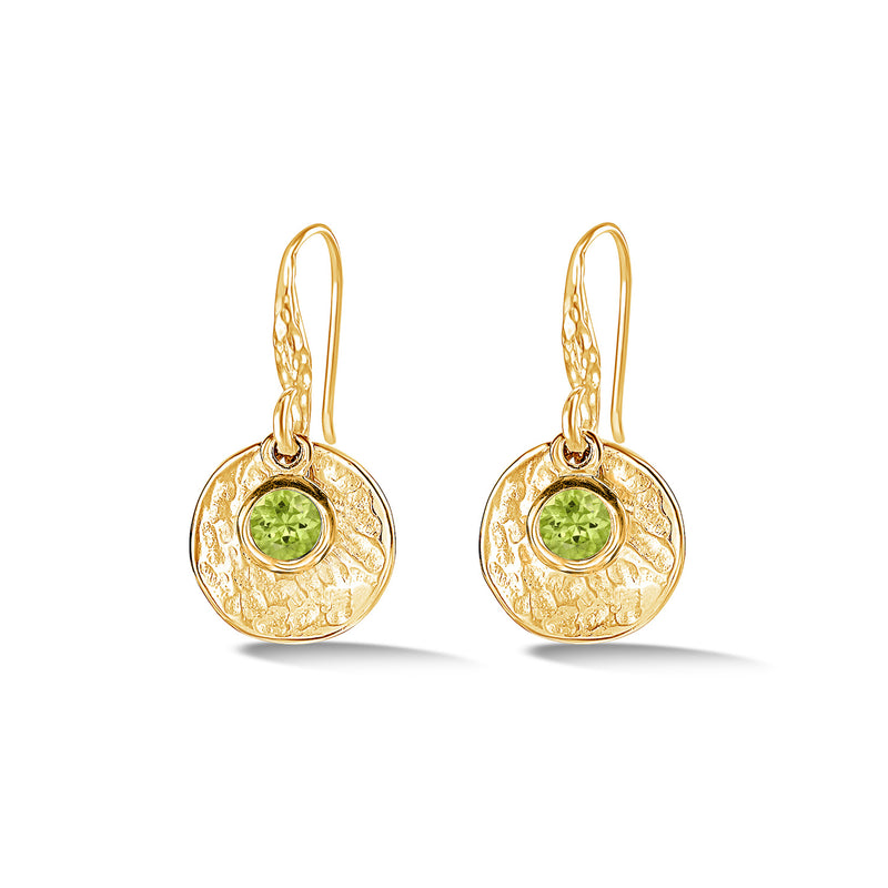 TWE42-V-PERI-Dower-and-Hall-Yellow-Gold-Vermeil-Hammered-Disc-and-Peridot-Array-Drop-Earrings