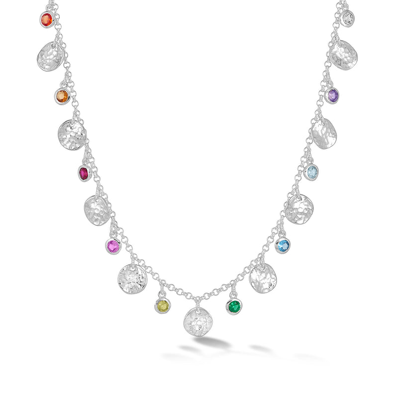     TWN41-S-MULTI-Dower-and-Hall-Sterling-Silver-Hammered-Disc-and-Mixed-Gemstone-Array-Necklace