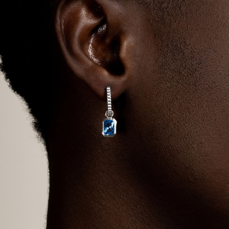 Men's Single Hoop With Blue Topaz Drop Earring