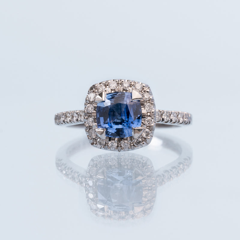 18k Halo Blue Sapphire Engagement Ring - 1.40CT