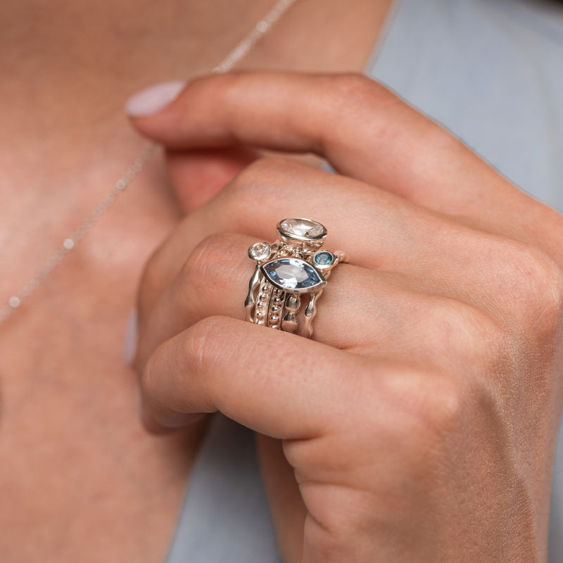 Oval White Topaz Granular Dotty Twinkle Ring