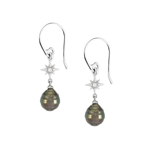 14k Gold & Diamond North Star Ear-Drops with Tahitian Pearl