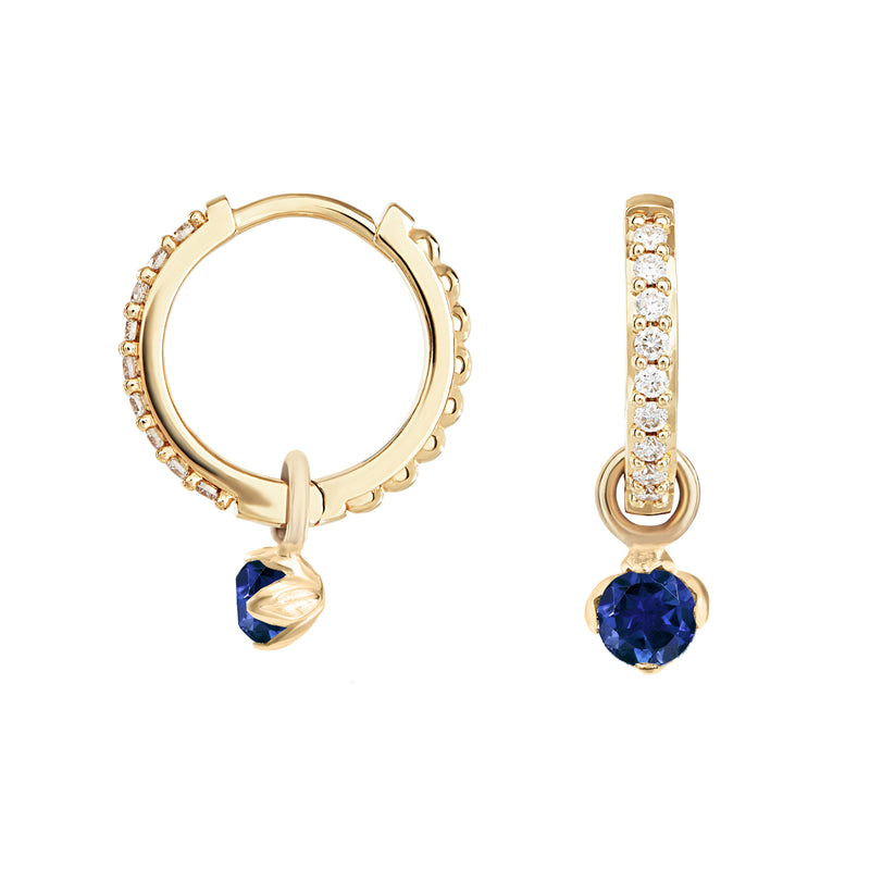 9k Diamond Hoops with Sapphire Lotus Drops