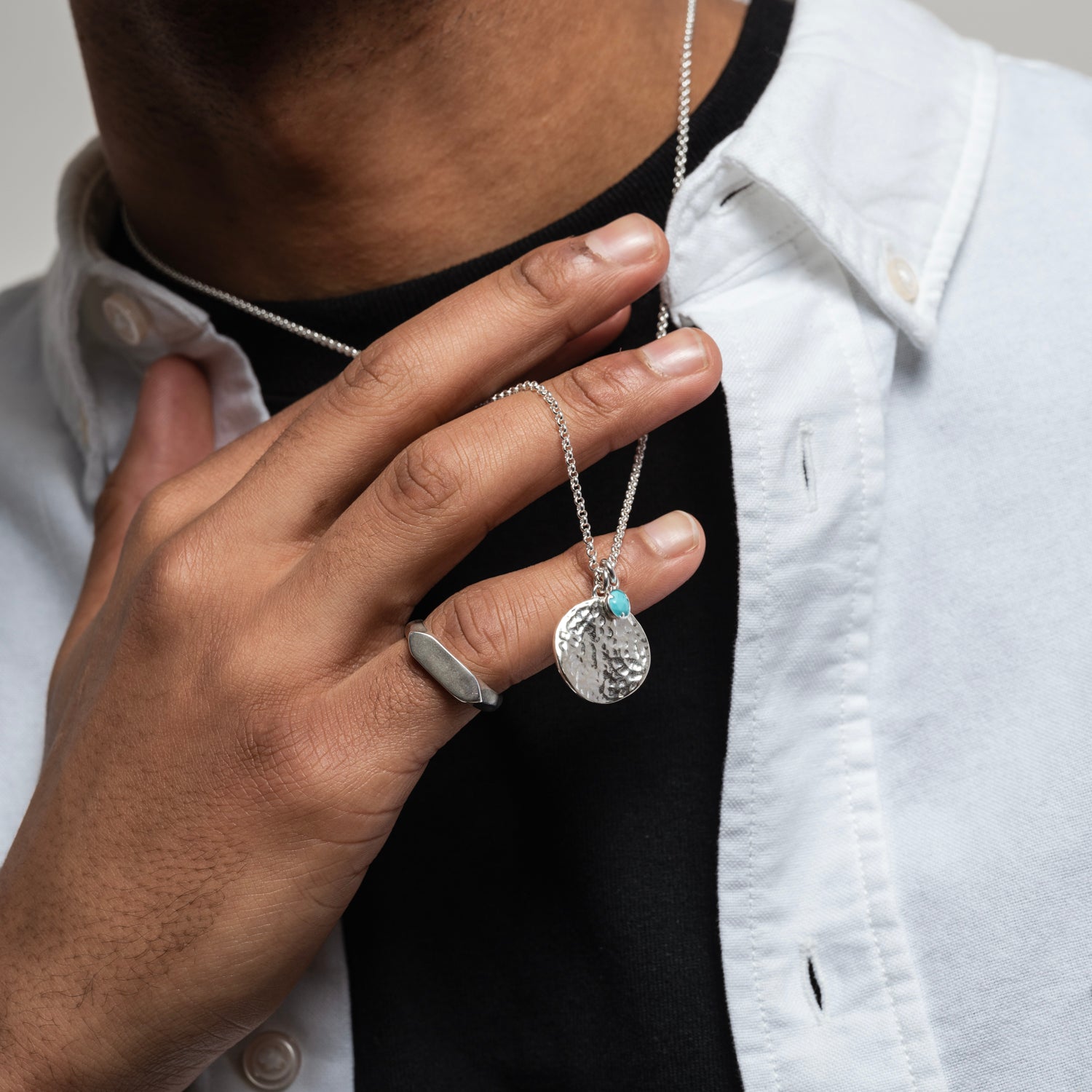 Men's Disc & 5mm Turquoise Array Pendant in Sterling Silver