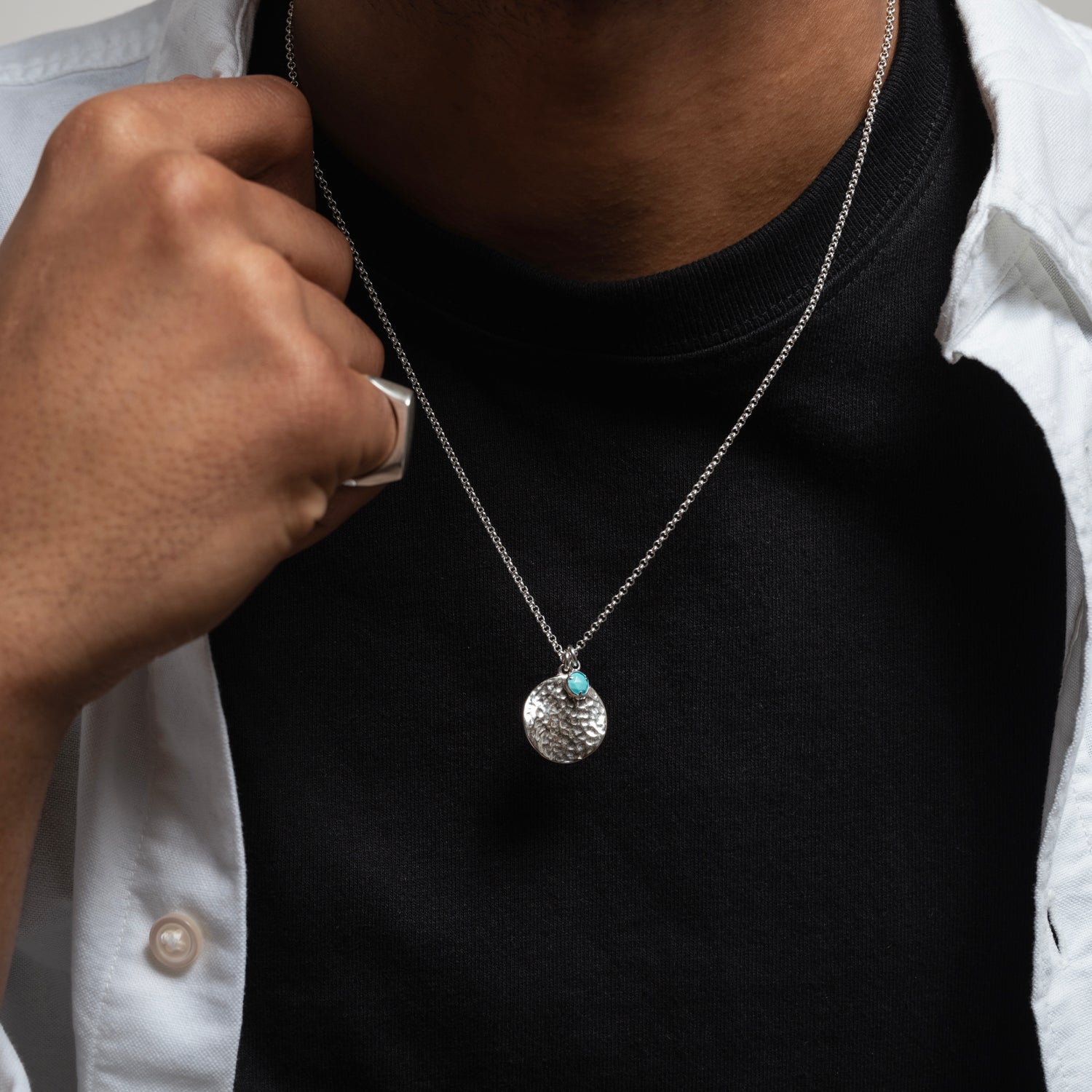 Men's Disc & 5mm Turquoise Array Pendant in Sterling Silver