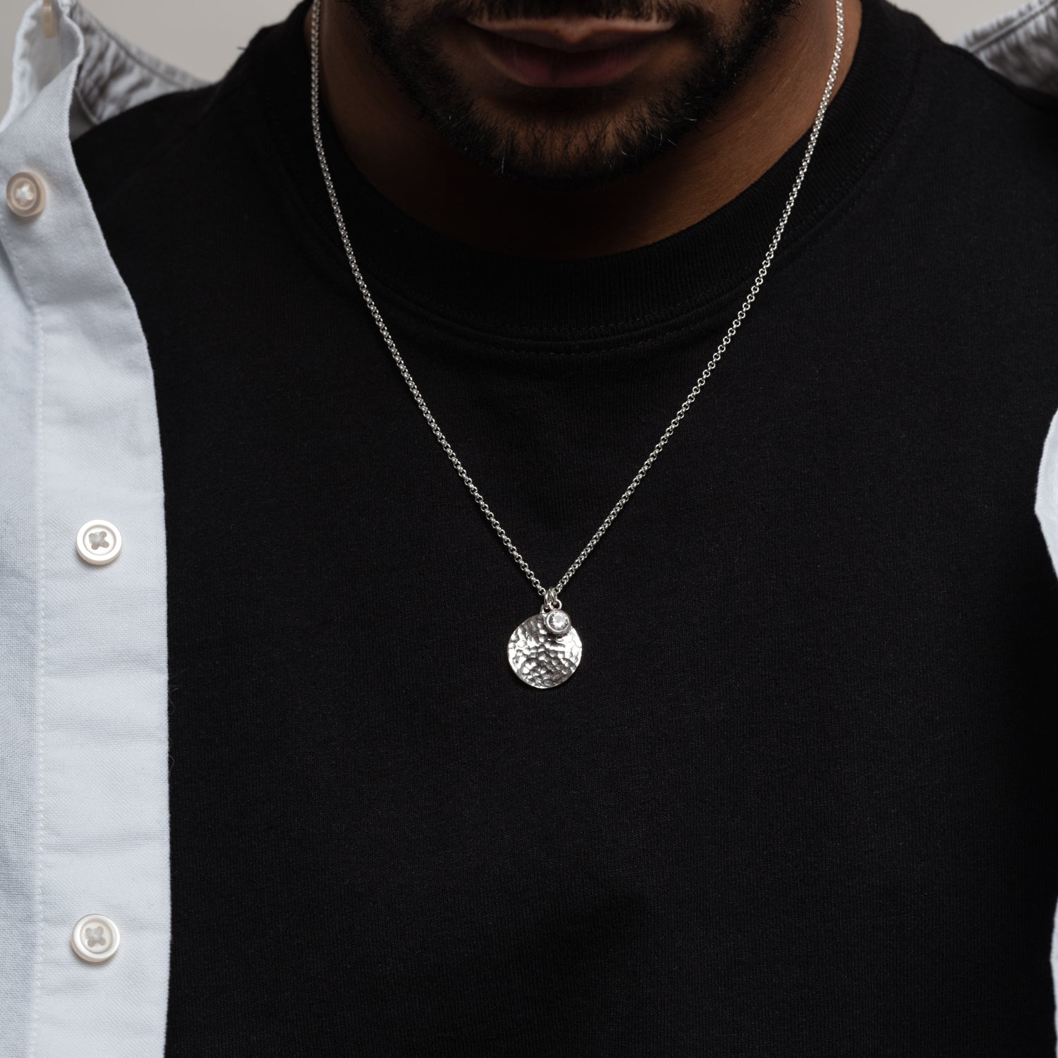 Men's Disc & 5mm White Topaz Array Pendant in Sterling Silver