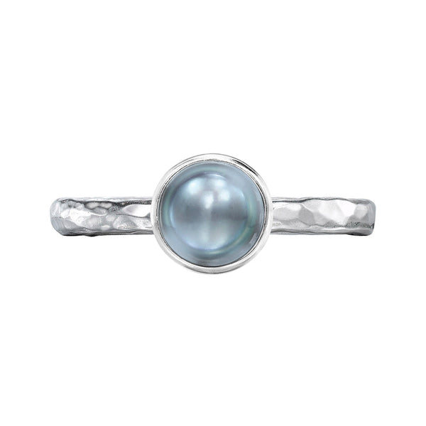 Dower-and-Hall-Stirling-Silver-6mm-Dove-Grey-Pearl-Hammered-Twinkle-Ring
